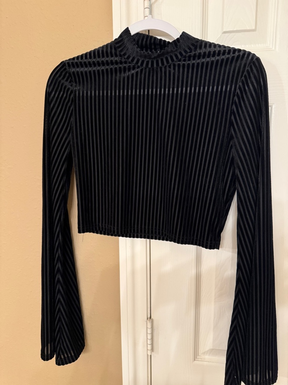 Tobi Black Ribbed Velvet Mock-Neck Long Sleeve Crop Top